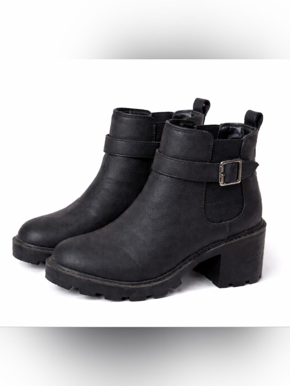 Black Chunky Heel Ankle Boots Size 10 Womens Moto Buckle Chelsea Lug Sole Trendy